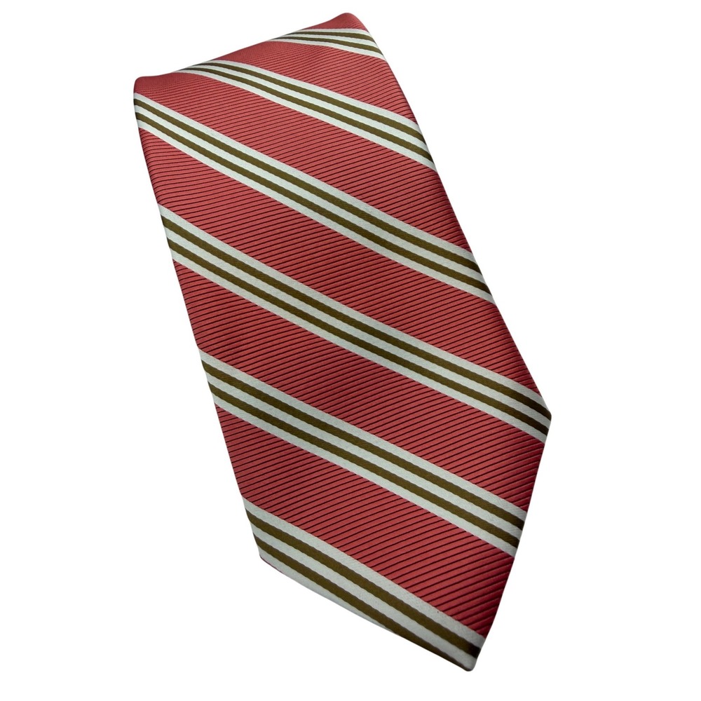 Brooks Brothers Mens Silk Repp Stripe Tie Coral Pink Olive Green Made in USA